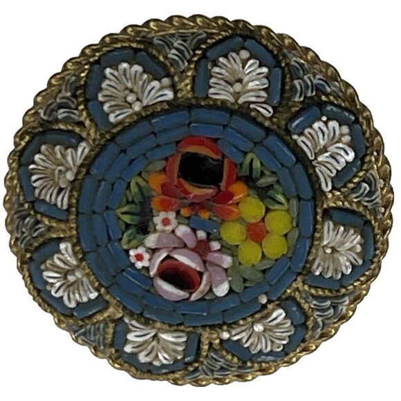 Vtg Micro Mosaic 1.25" w Glass Tile Round Floral Brooch Pin Multi Color Italy - Picture 1 of 5
